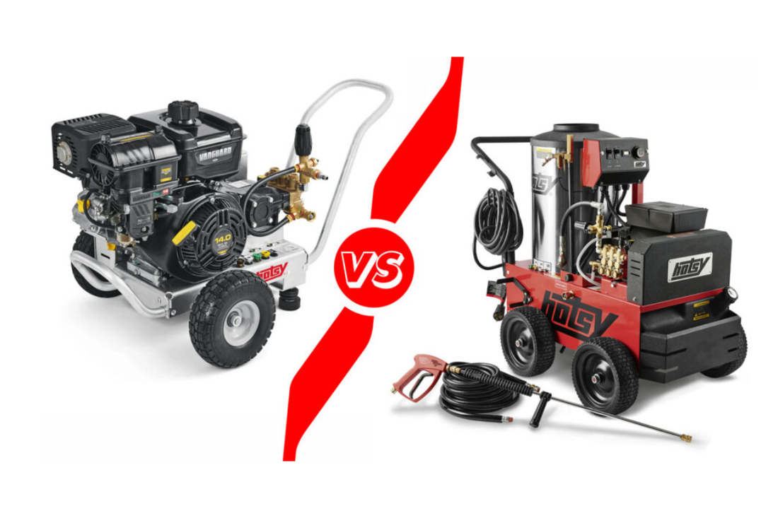 picture of a hot water and a cold water pressure washer for the comparison on the article