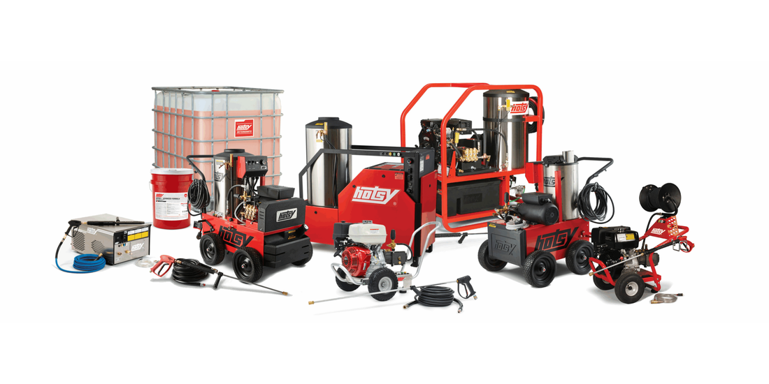 Collection of Hotsy machines, detergents and accessories